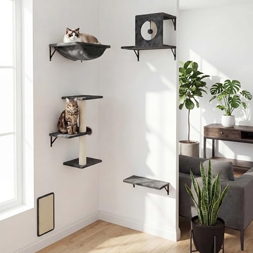 Cat Wall Shelves, Cat Wall Mounted Furniture, Climbing Wall Systems with Perches, Scratchers and Condo, Kitten Indoor Jungle Gym Set of 5 (Grey) - color: Grey