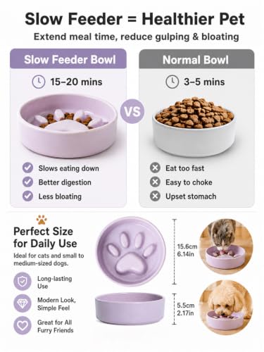 Ceramic Slow Feeder Cat Bowl Paw Small Pet Dogs 2 Cups Food Dish - color: Purple