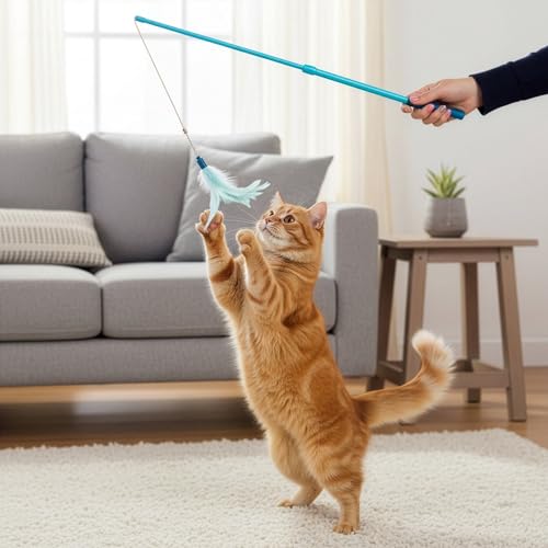 Frisky Flyer, Interactive Cat Toy, Extendable and Retractable Wand with Feathers - The Wand Handle Easily Extends Up to 24" to Engage Cats in High-Flying Fun and Retracts Back Down for Easy
