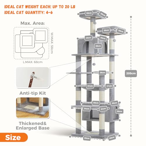 PAWZ Road XXL 81" Cat Tree Large Cats with Big Condos,Perches Sisal Posts - color: Gray, size: 81"