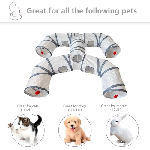 Foldable H-Shaped Cat Tunnel Toy with Interactive Playing Balls - 4 Exits for Cats, Kittens, Rabbits & Small Pets Collapsible Play Tube for Indoor Fun & Exercise - color: White Gray