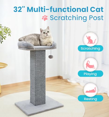 Made4Pets 32" Carpet Cat Scratching Post with Bed for Indoor Cats, Grey