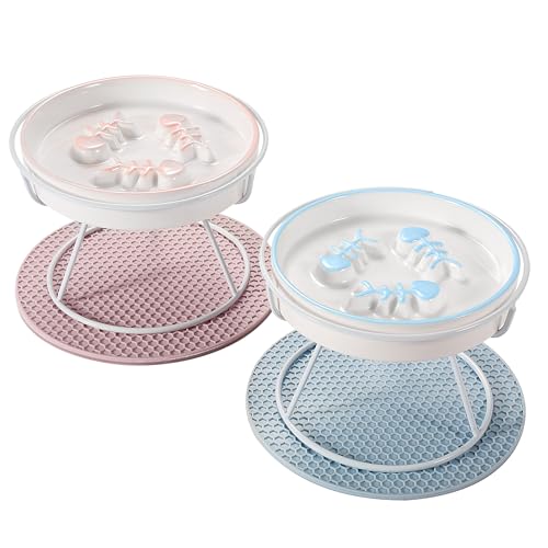Ceramic Elevated Cat Bowls Set, Anti Vomit, Removable Dishes, Pink & Blue - color: Pink+Blue