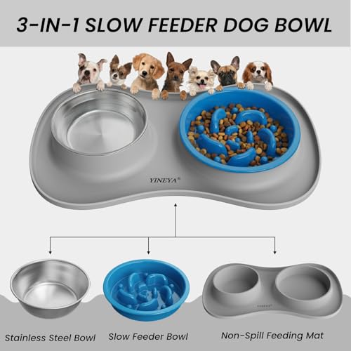 YINEYA 3 in 1 Slow Feeder Dog Bowls,Dog Water Bowl,Cat and Dog Food Bowl - color: Gray, size: Medium