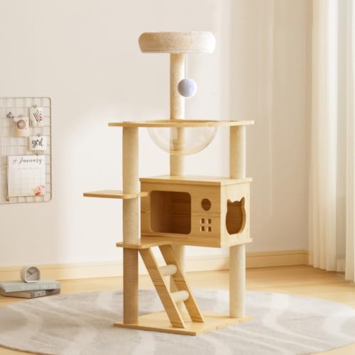 Wood Cat Tree Tower with Clear Bubble Window, Multi-Level Cat Condo with Scratching Posts, Ladder Top Perch Bed & Hanging Ball Toy, Indoor Activity Cat Furniture for Kittens Large Cats - color: （1）Natural+White + MDF