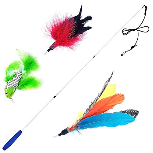 Pet Fit for Life Retractable Interactive Cat or Kitten Wand with 2 Feathers and 1 Soft Furry Combo - style: 2 Feathers + Fish