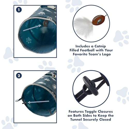 NFL Philadelphia Eagles Cat Tunnel Tube Toy with Plush Football Catnip and Feathers Collapsible Tunnel for Cats to Play, Peek and Hide, Sporty & Fun Cat Tunnel Toy with Team Logo All-Over Design! - color: Philadelphia Eagles
