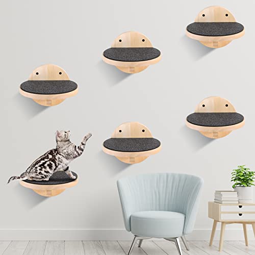 Maitys 6 Pcs Cat Wall Mounted Shelves, Cat Wall Furniture with Scratching Non Slip Felt, Shelves Climbing Steps, Thick Secure Solid Wood Floating Shelf for Sleeping Playing Lounging(Semicircle) - style: Semicircle