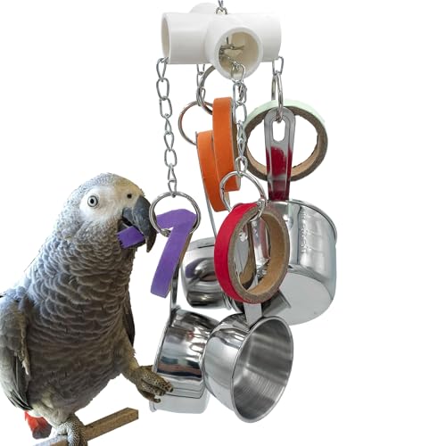 Durable Bird Parrots Pots and Bagel Toys, Pullable Stainless Steel Cup and Cardboard Ring Toys for Amazons Mini Macaws African Greys Cockatoos Eclectus