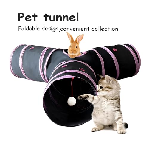 3-Way Collapsible Cat Tunnel Tube Toy Black Pink Paws - color: Black with Pink Paws