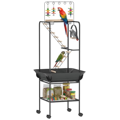 PawHut 64" H Rolling Bird Stand Parrot Playstand with Seed Guard & Wheels