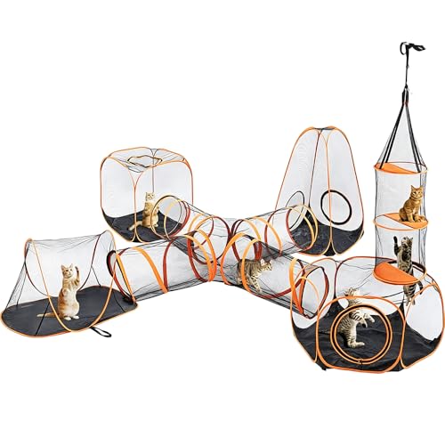 6-in-1 Modular Cat Playground with Hanging Climbing Tunnel,Large Cat House Condo & Enclosure for Multiple Cats,Portable Cat Activity Center with Cube Tents & Y-Tunnel for Cats,Rabbits & Small Animals