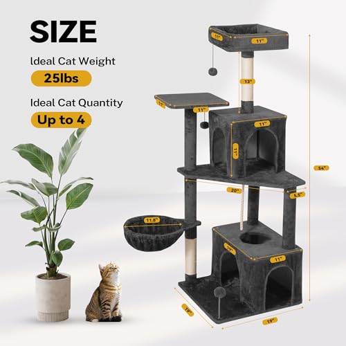 Cat Tree 54-Inch Cat Tower with Padded Plush Perch 2 Comfy Caves, Scratching Posts, Basket, 2 Pompoms, Multi-Level Plush Cat Condo for Indoor Cats Kittens, Dark Gray - color: Dark Gray