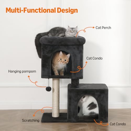 Amazon Basics 30-Inch Cat Tree Tower, Activity Center with 2 Plush Condos, Sisal Scratching Post and Hanging Pompom, Gray - size: 30 in