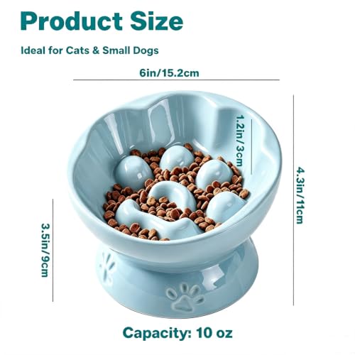 Ceramic Slow Feeder Cat Bowl, Elevated Tilted Design, Blue - color: blue
