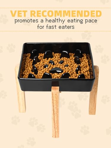 GDCZ Square Ceramic Dog Slow Feeder Bowls (Black, M-1.8 Cups+Stand) - color: Black, size: M-1.8 Cups+Stand