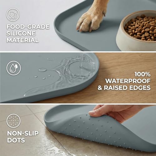 BLESWIN Waterproof Silicone Pet Feeding Mat Grey with Raised Edge,24" x 16"Non-Skid Spill Proof Dog Bowl Mats, Easy Clean Cat Bowls Placemat for Cats and Dogs - color: Grey, size: 60 x 40 cm