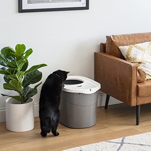 IRIS USA Top Entry Cat Litter Box, Hooded Privacy, Large, Gray/White - color: Gray w/ Scoop, style: Oval