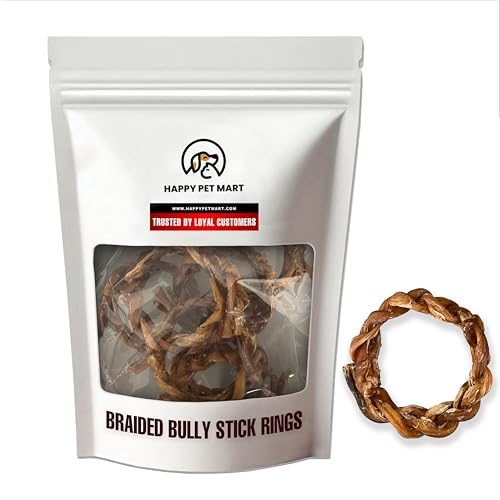 Braided Bully Stick Rings for Dogs. | High Protein, Fun Shape, Long-Lasting, Single-Ingredient Dog chew Treats. (Pack of 20)