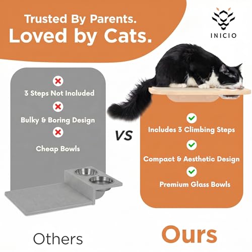 INICIO Cat Shelves - Feeding Shelf with 3 Cat Wall Steps - Natural Wood - color: Wood Brown