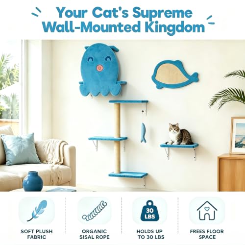 COZIWOW Wall Cat Tree,4Pc Ocean Blue Octopus Sisal Perch Multi-Cat Home - color: Ocean Blue
