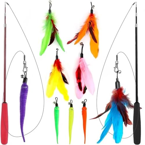 Vila Cat Feather Teaser Wand, Interactive Training and Exercise Wand Wonder, for Kittens and Adult Felines, Suits All Breeds and Sizes, 2 Retractable Poles, Worm Attachments and Strings