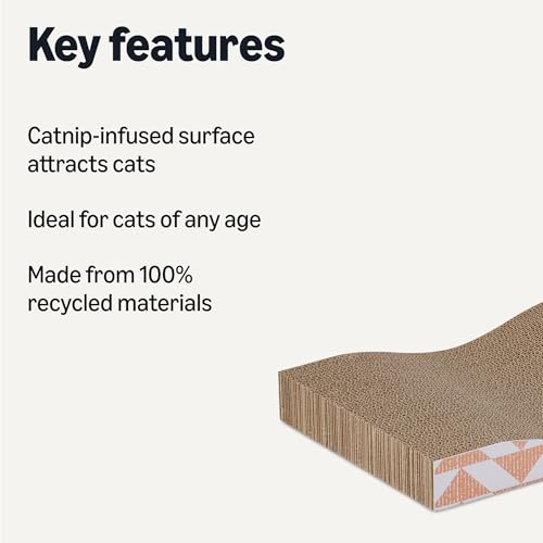 Amazon Basics Cat Scratching Post, Reversible Double-Sided Corrugated Cardboard with Catnip, Curved Wave Design, 16.5 x 8.1 x 1.6 in, 2-Pack