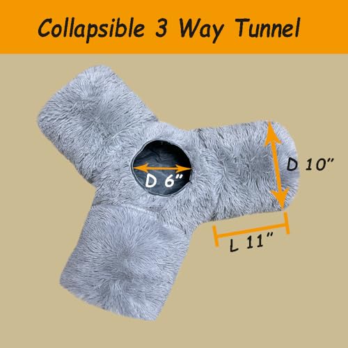 3-Way Collapsible Cat Tunnel Tube Toy Grey Plush - color: Grey Plush