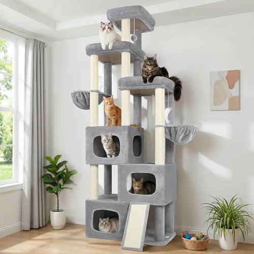 Globlazer 85 Inch Tall Cat Tree for Large Cats, Multi-Level Cat Tower for 4+ Cats with 3 Condos, 2 Hammocks & Sisal Posts, Heavy Duty Cat Tree Tower for Maine Coon, S85, Light Grey - color: Light Gray, size: 85 Inch
