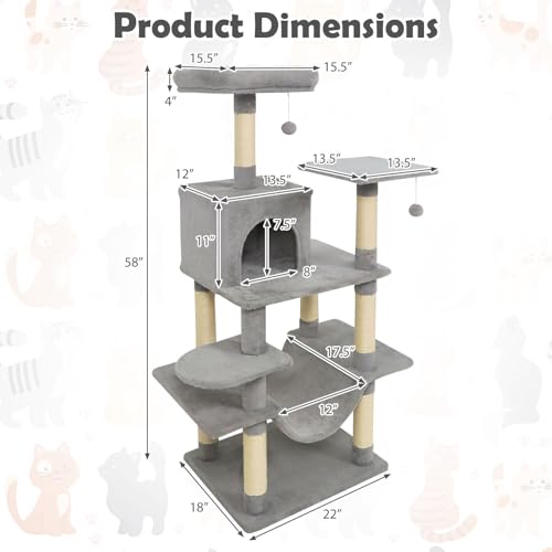 Tangkula 58 Inch Cat Tree Tower, Multi-Level Cat Tower with Sisal Scratching Posts, Padded Top Perch, Condo & Hammock, 3 Hanging Balls, Jumping Platforms for Indoor Cats (Light Gray) - color: Light Gray