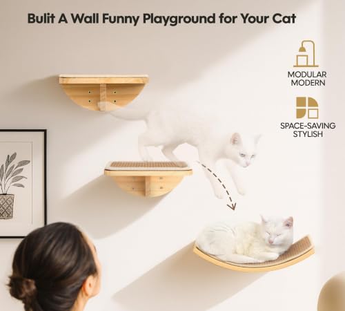 Curved Cat Wall Hammock with Scratchable Sisal Pad, Large Floating Cat Shelf for Wall, Wall Mounted Beige Bed for Playing, Climbing, and Sleeping - color: 1 Curved Bed (Sisal Mat)