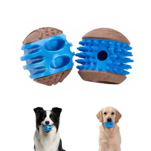 MECOOL 2PCS Durable Dog Chew Toys, Squeaky Chew Ball & Treat Dispensing Toy, Tough Nylon Ends & Natural Rubber for Aggressive Chewers, Interactive Puzzle Toys for All Breed Dogs,Bacon Flavored,Blue - color: Blue