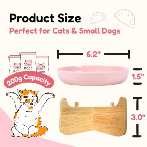 Elevated Slow Feeder Cat Bowl with Bamboo Stand, 6.3'' Ceramic Cat Food Bowl, Raised Whisker Friendly Cat Dish for Wet & Dry Food, Dishwasher Safe Anti-Slip Feeder for Cats & Small Dogs (Pink) - color: Pink with Stand