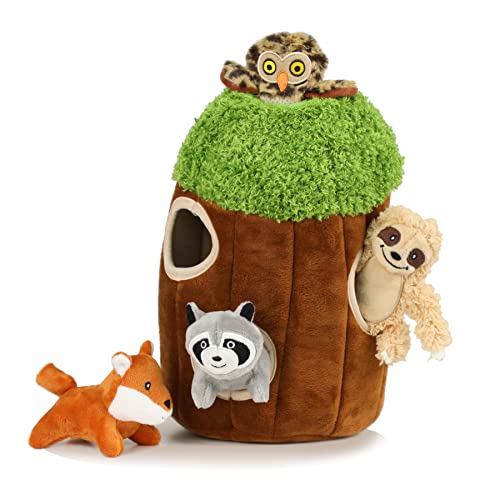 Hide and Seek Dog Puzzle Puppy Toys, Interactive Squeaky Plush, Stuffed Toys for Dogs, Small Size(Sheep, Panda, Forest Animals) (Tree Hole Mix Medium)