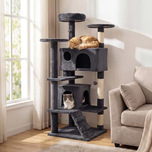 PETSITE 52-inch Cat Tree, Multi-Level Cat Tower with Sisal Scratching Posts, 2 Comfy Condos, Plush Padded Soft Top Perch, Dangling Balls, and Climbing Ladder, Ideal for Indoor Cats (Dark Grey) - color: Dark Grey