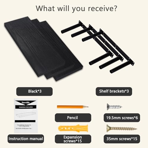 Vervida® Black Rustic Floating Wall Shelves 15in Set of 3 Hidden - color: Black, size: 15x6.8 (3Pcs)