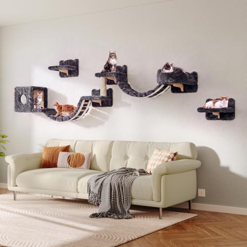 9-in-1 Cat Wall Shelves, Cat Wall Furniture Set with Bridge, Grey - color: Grey, size: 9-in-1