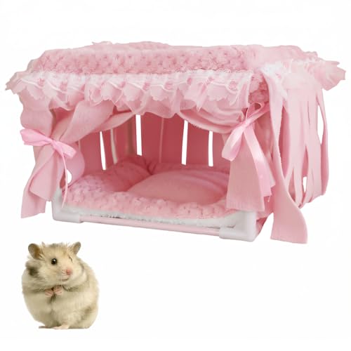 Guinea Pig Bed, Washable Small Animal Tunnel Hideouts with Curtains, Hamster Tunnel for Hamster Chinchill Small Bunny Ferret - color: Square stand nest pink