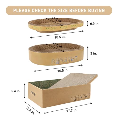 Comoney Cat Scratcher Bed 3 Pack, Oval Corrugated Cardboard Cat Scratch Pads for Indoor Cats with Grooming Brush, Round Cat Scratching Board Lounge Furniture Protector - size: 17.7" x 12.6" x 5.4"