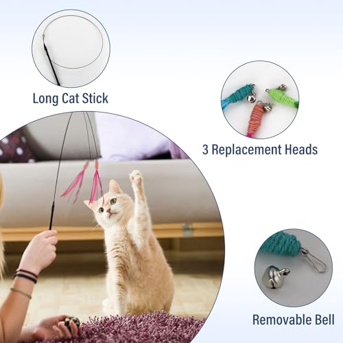 Andiker Cat Wand Toy, 3pcs Setaria Cats Feather Toy Refills with Bell and a 35.8'' Long Flexible Steel Wire Rod, Interactive Cat Toys for Indoor Cats Doing More Exercise and Enjoy Playtime