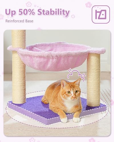 MUTTROS Flower Cat Scratching Post, 28" Cute Cat Tree Tower for Indoor Cats with Large Hammock Soft Perch Bed, Replaceable Toy Ball for Kittens, Purple - color: Purple
