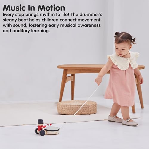 PlanToys® Wooden Pull Along Drummer Musical Toy for Kids Toddler Active Set - color: Pull Along Drummer