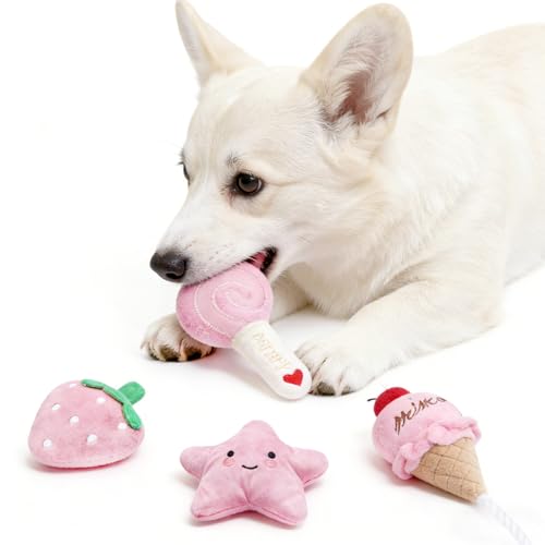 4-Pack Squeaky Plush Dog Toys for Small Dogs – Puppy Toys Gift Set, Soft Chew Toys for Chihuahua, Yorkie, Poodle | Pink Themed (Strawberry, Star, Ice Cream, Lollipop)