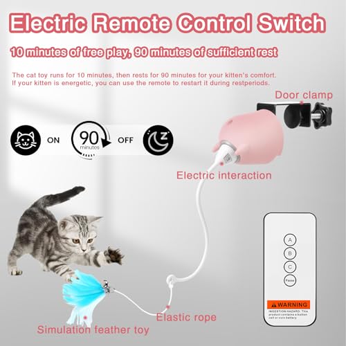 Cat Toys Interactive for Indoor Cats, Rechargeable Toy Hanging Door Electric with 4pcs Feathers Toys for Bored Kittens (Pink) - color: Pink