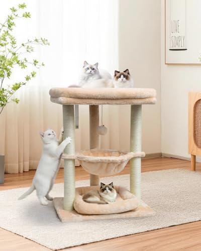 SYANDLVY Small Cat Tree for Indoor Cats with Top Perch Hammock & Bottom Bed - color: Beige
