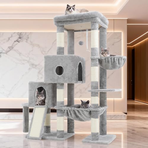 Hey-brother Cat Tree Tower with Plush Steped Condos, Big Platform, MPJ071W - color: Light Gray, size: 50 inches