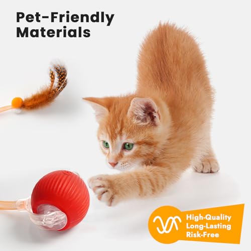 Interactive Cat Toys Ball,Automatic Cat Toy with Speedy Tail - Electric Rolling Ball for Indoor Cats, Motion-Activated Play with Elastic Mesh Tail - color: Red