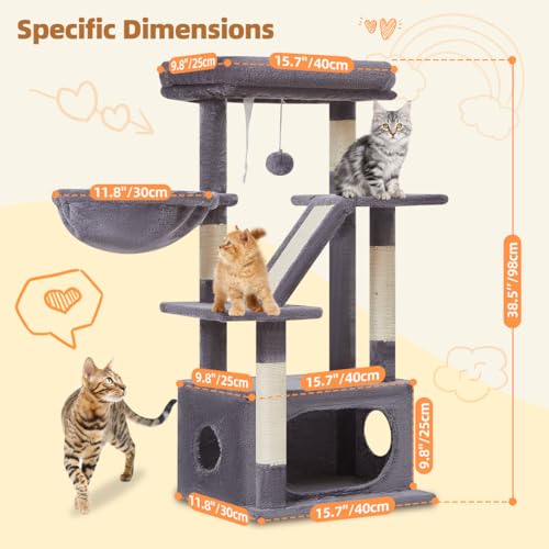 Taoqimiao Cat Tree, 38.5In Cat Tower for Indoor Cats, Suitable for Kittens - color: Smoky Gray, size: 38.5 Inches