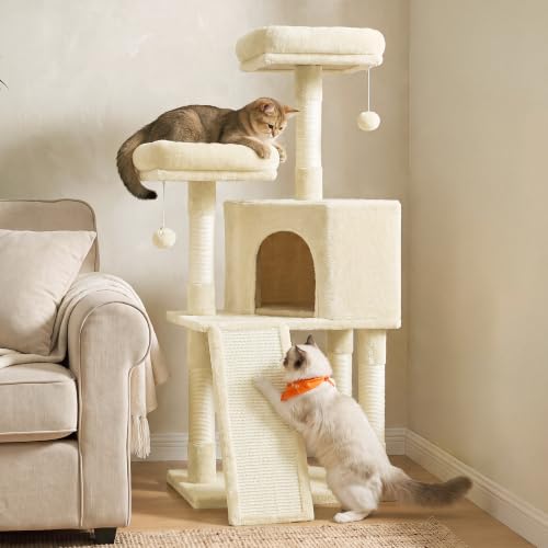 Feandrea Cat Tree, 45.3-Inch Cute Cat Tower, Plush Climbing Condo, Beige - color: Beige