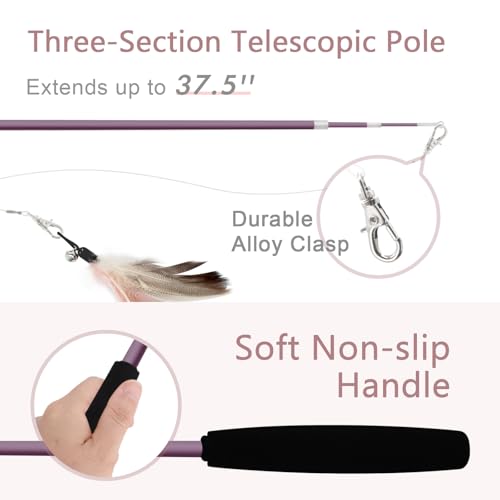 SONGWAY Interactive Cat Feather Toy Set - Retractable Teaser Wand with 6 Pcs Feather Refills with Bell, Cat Wand Toys for Indoor Cats Kittens Play Chase Exercise, Light Pink - color: Light Pink